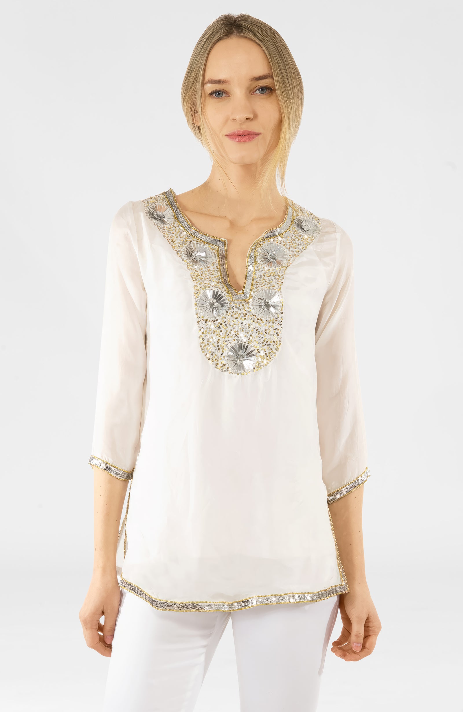 Silk Beaded Tunic - Starry Night - Final Sale White