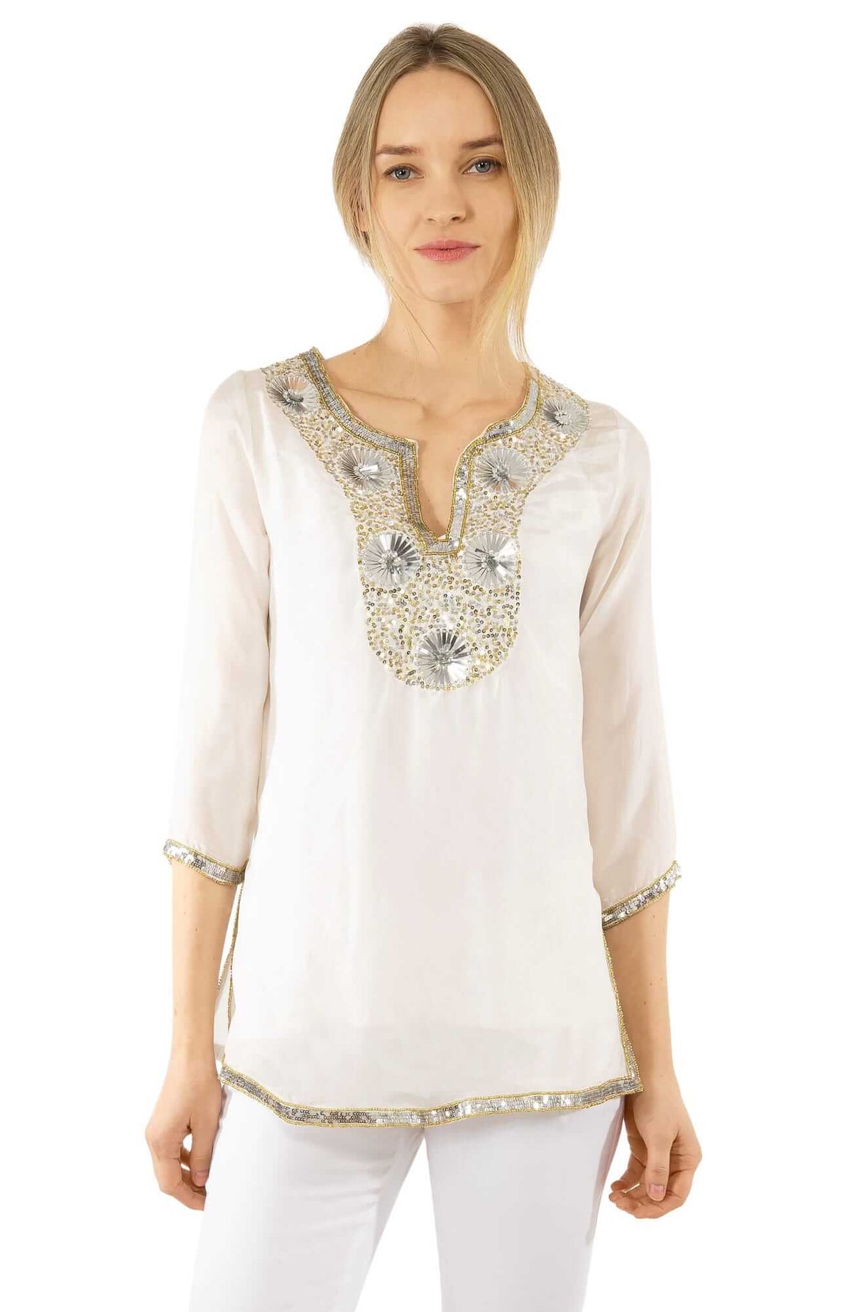 Silk Beaded Tunic - Starry Night - Final Sale White