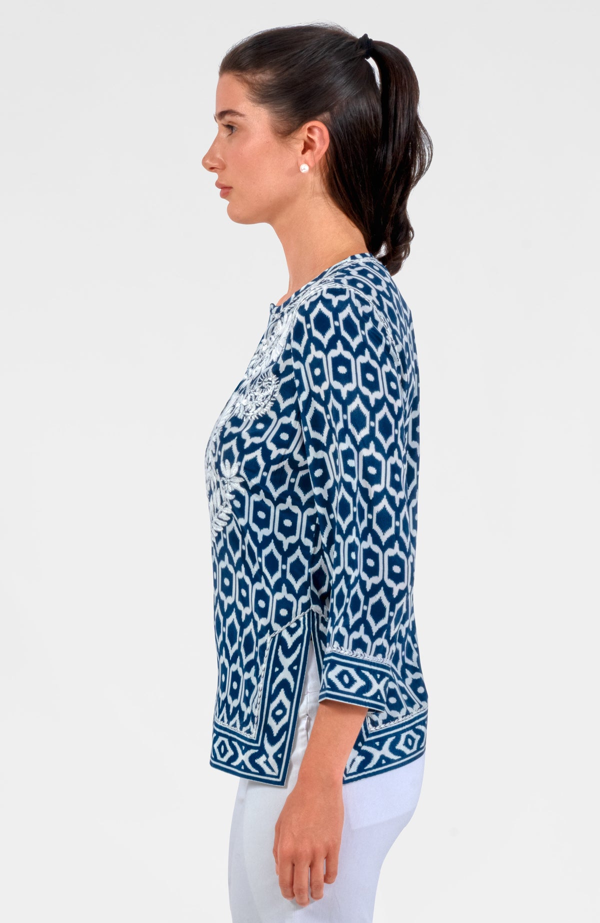 Geo Embroidered Silky Tunic Navy