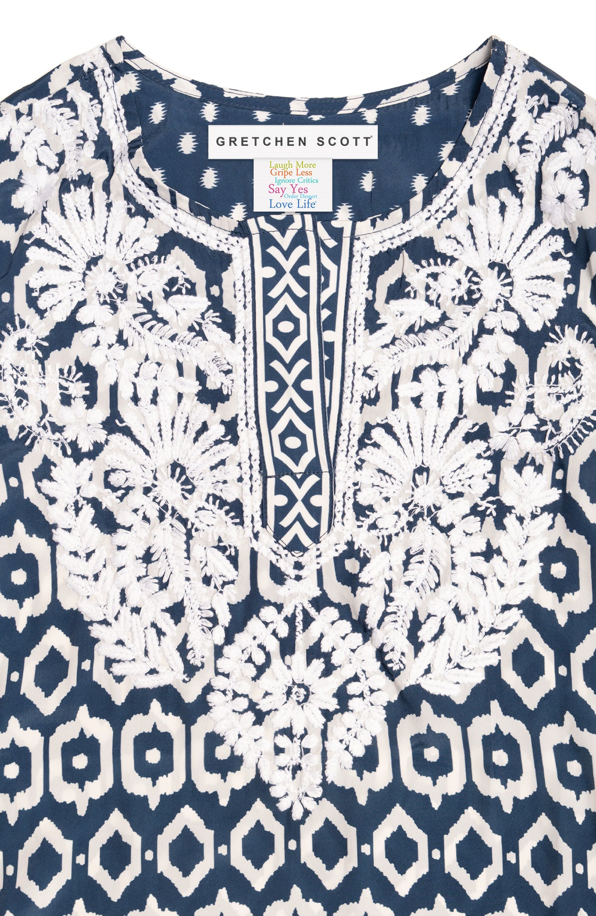 Geo Embroidered Silky Tunic Navy