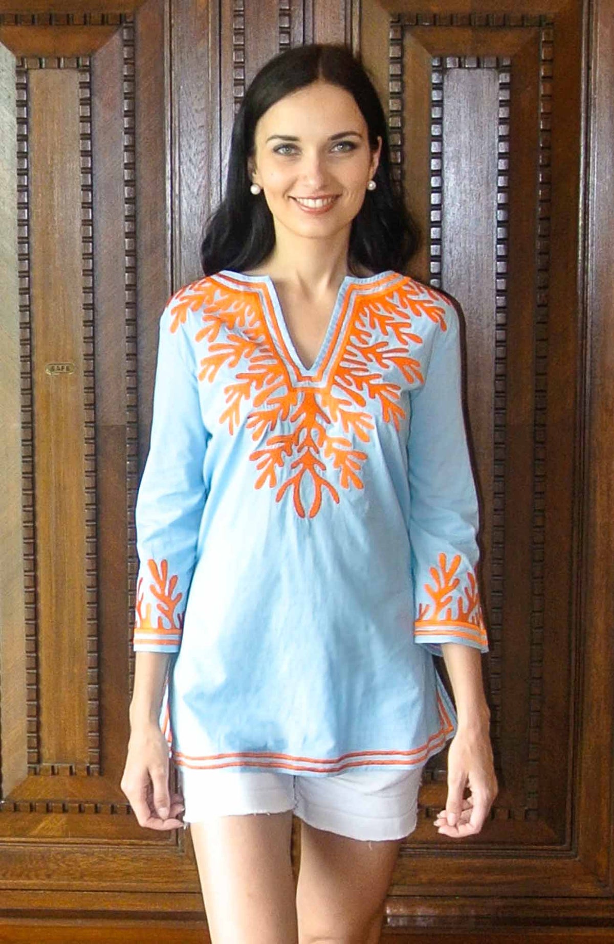 Cotton Embroidered Tunic - The Reef Paleblue White