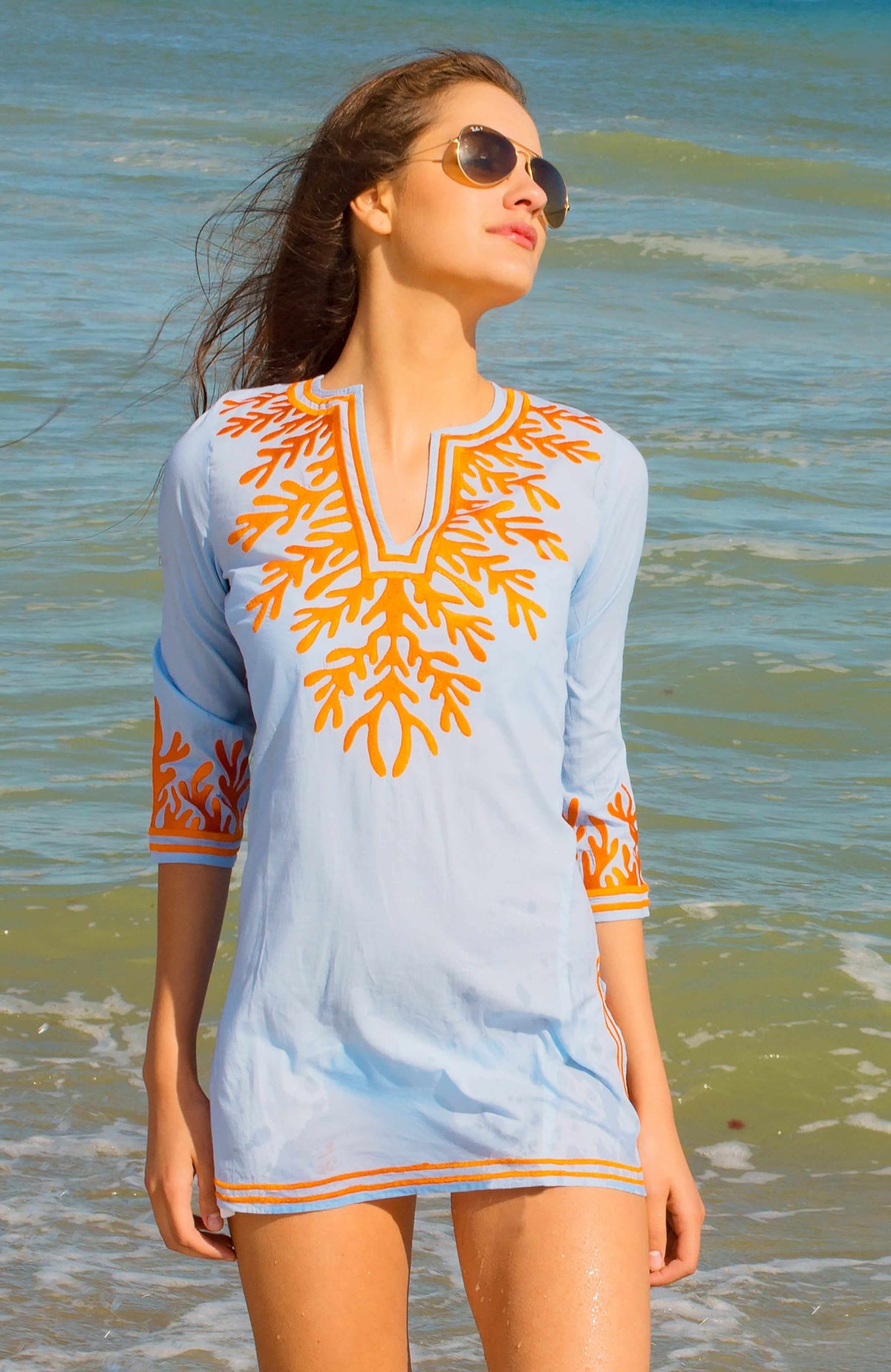 Cotton Embroidered Tunic - The Reef Paleblue Orange