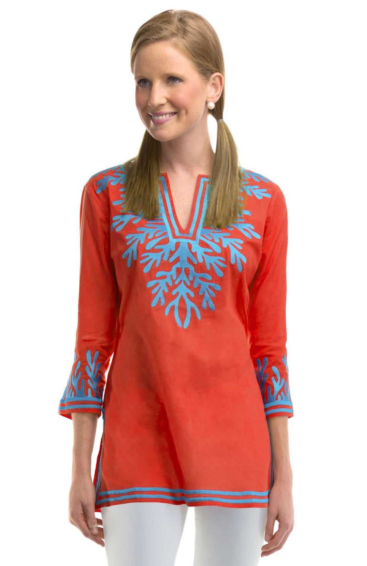 Cotton Embroidered Tunic - The Reef Coral Turq