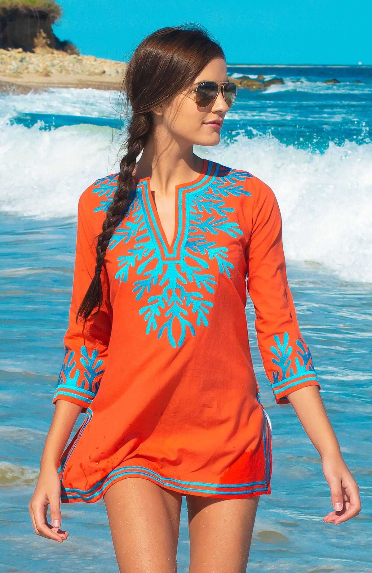 Cotton Embroidered Tunic - The Reef Coral Turq