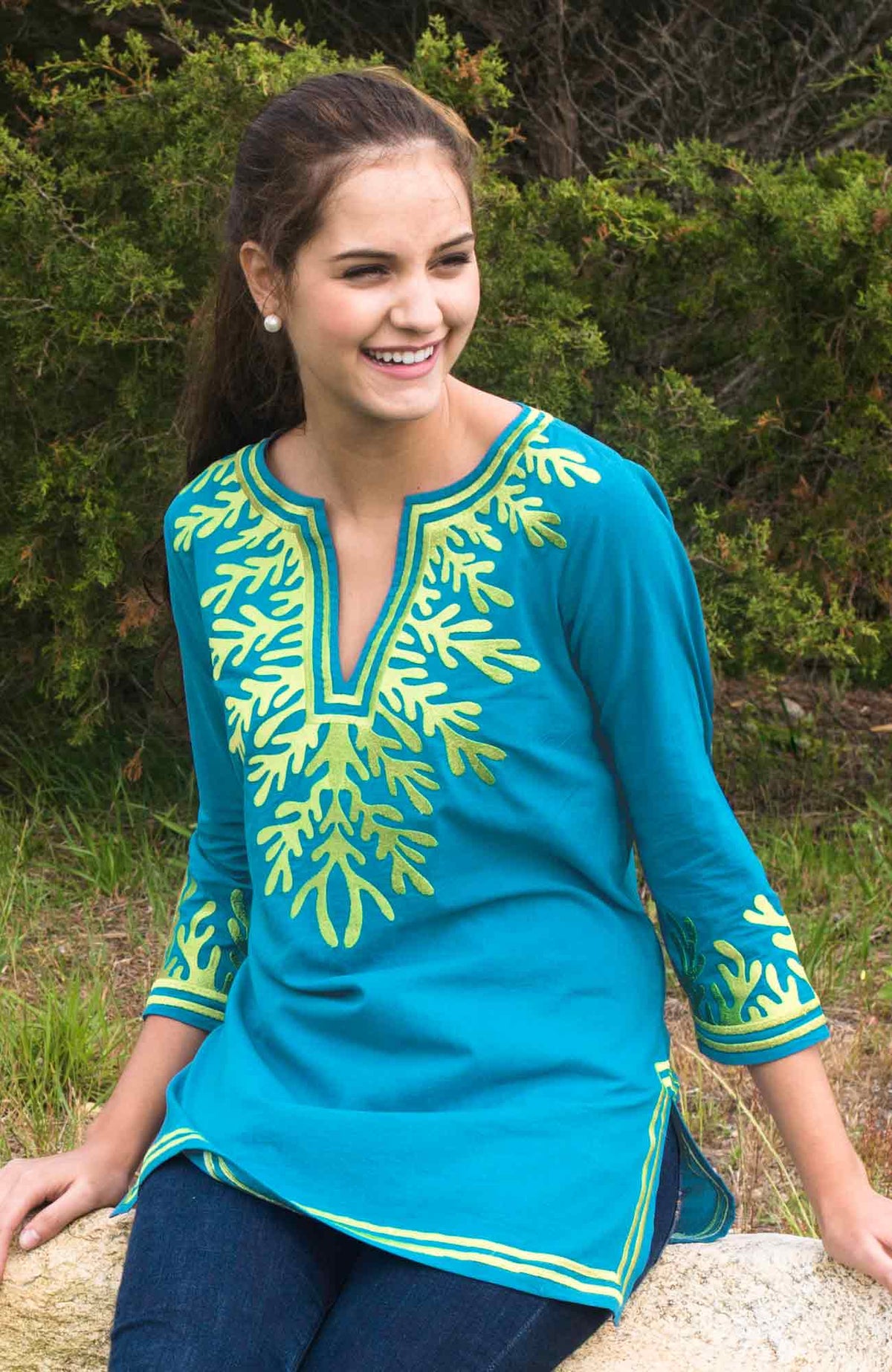 Cotton Embroidered Tunic - The Reef Turq Lime