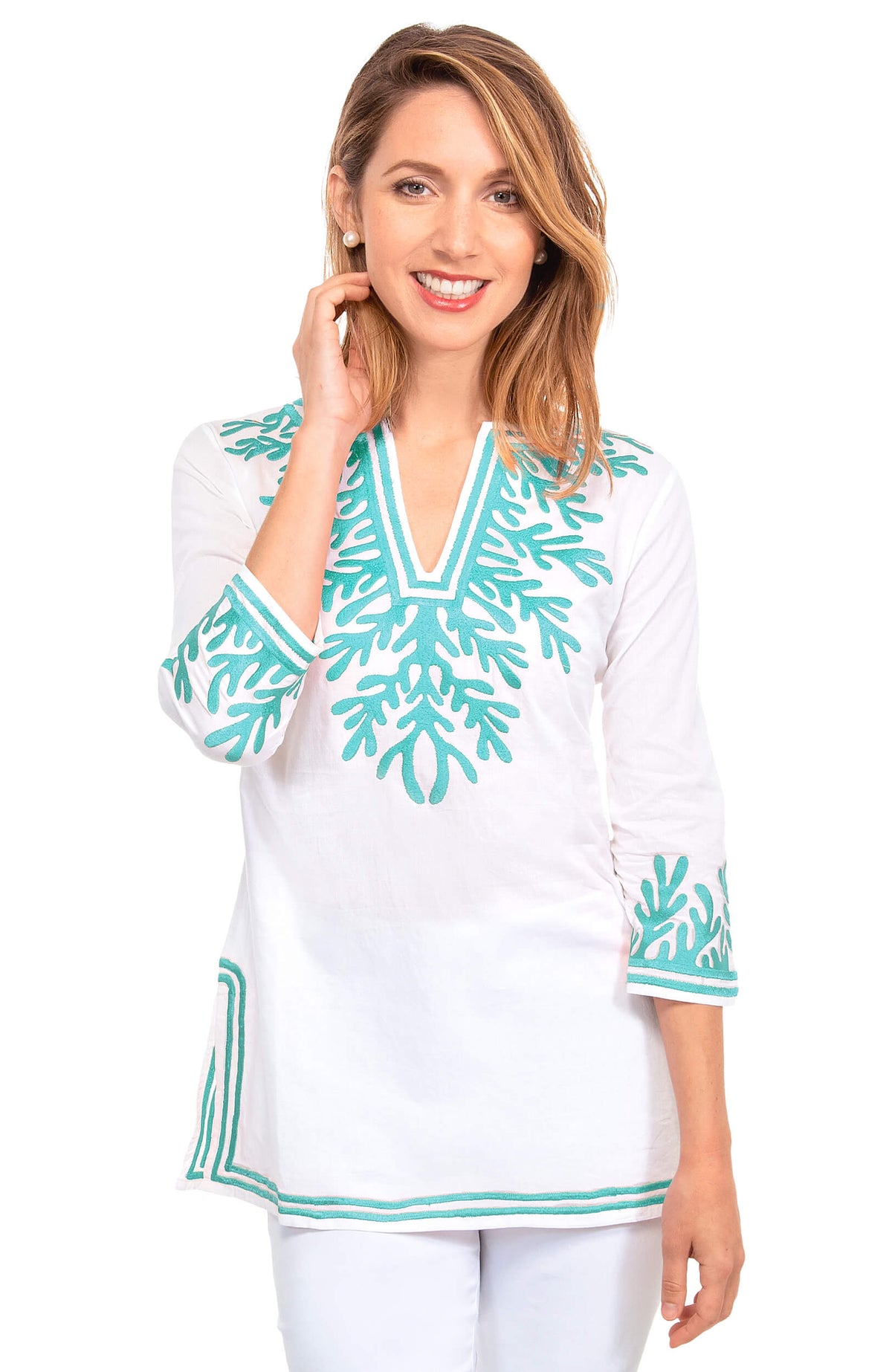 Cotton Embroidered Tunic - The Reef White Turq