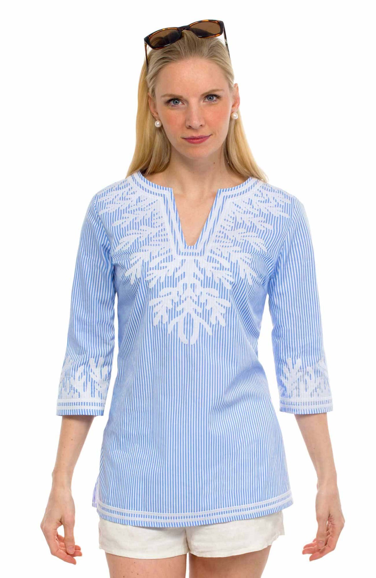 Embroidered Pinstripe Tunic - The Reef Blue White