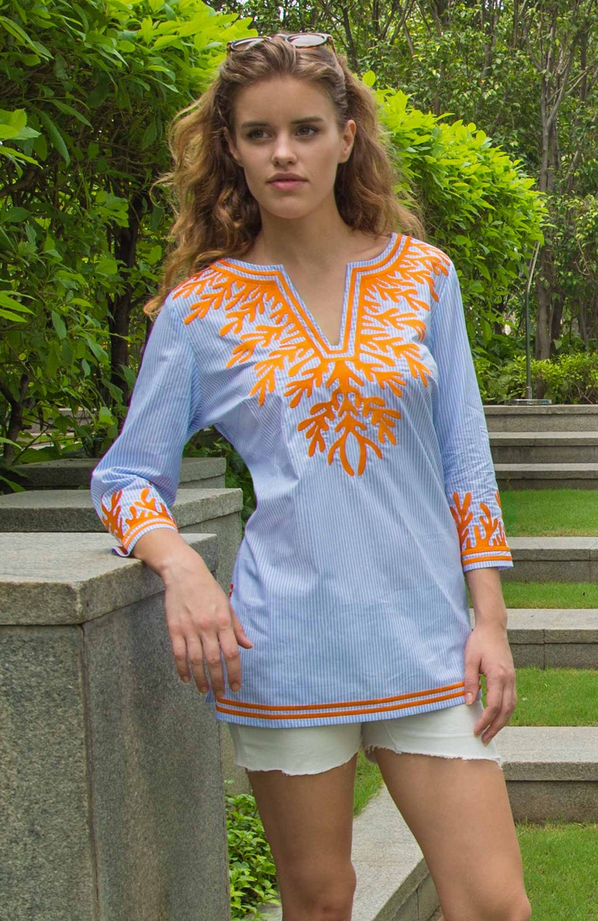 Embroidered Pinstripe Tunic - The Reef Peri Orange