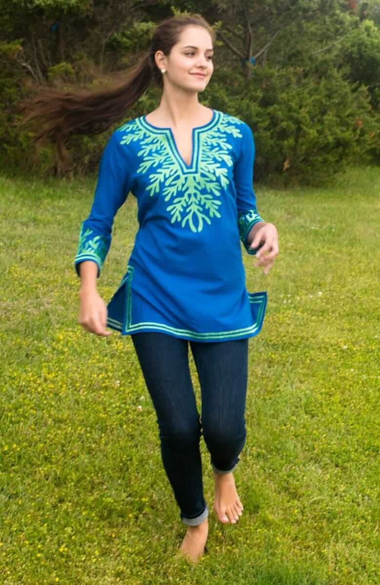 Cotton Embroidered Tunic - The Reef Royal Kelly