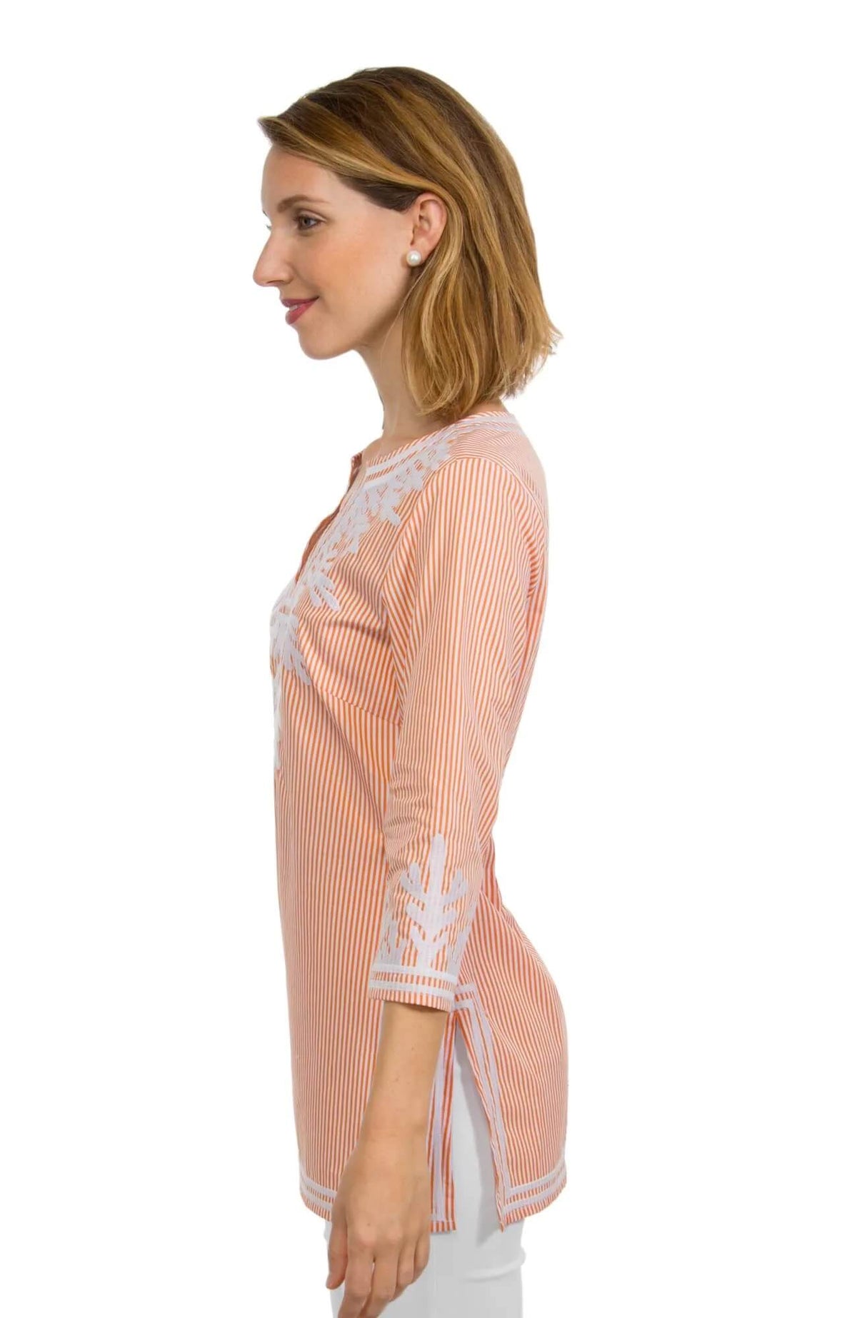 Embroidered Pinstripe Tunic - The Reef Coral White