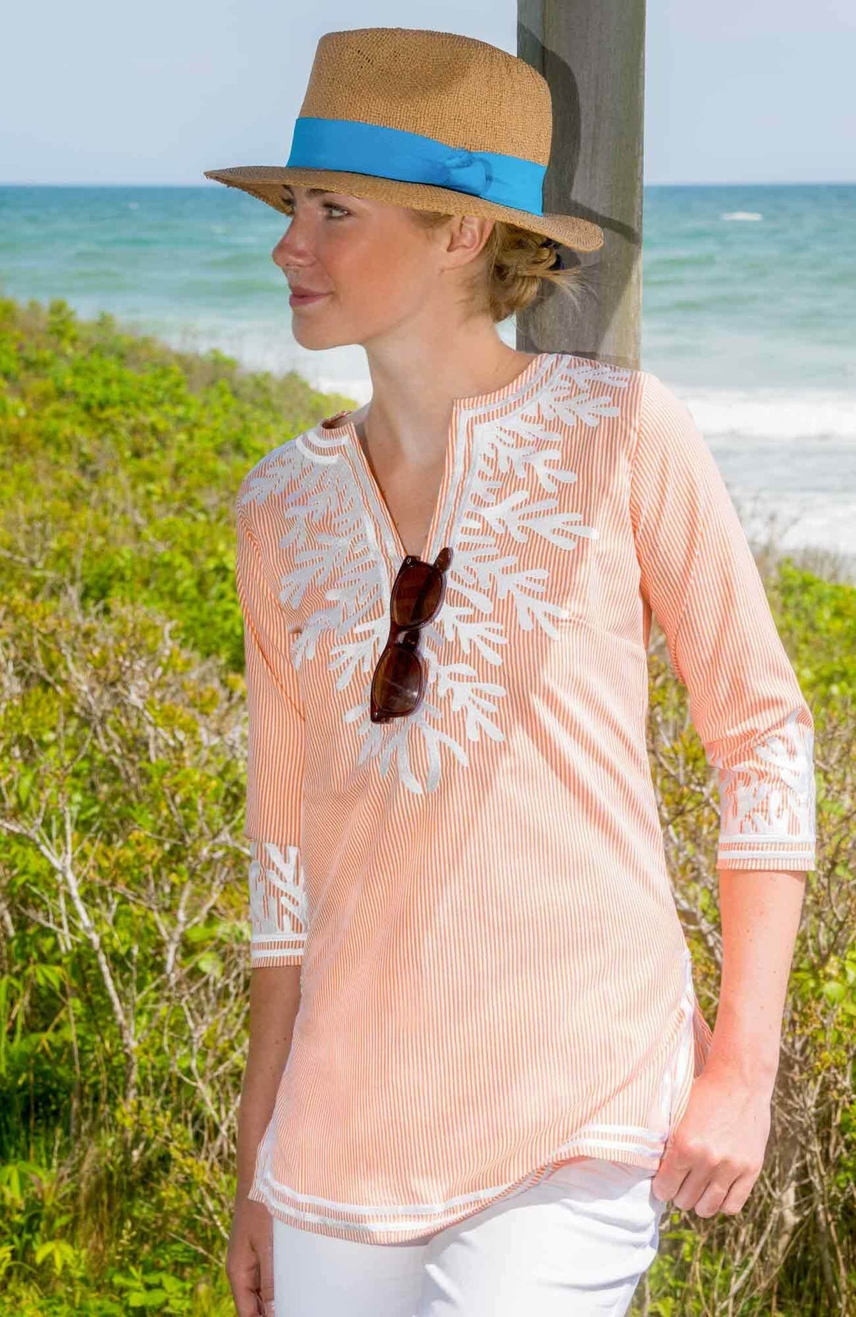 Embroidered Pinstripe Tunic - The Reef Coral White