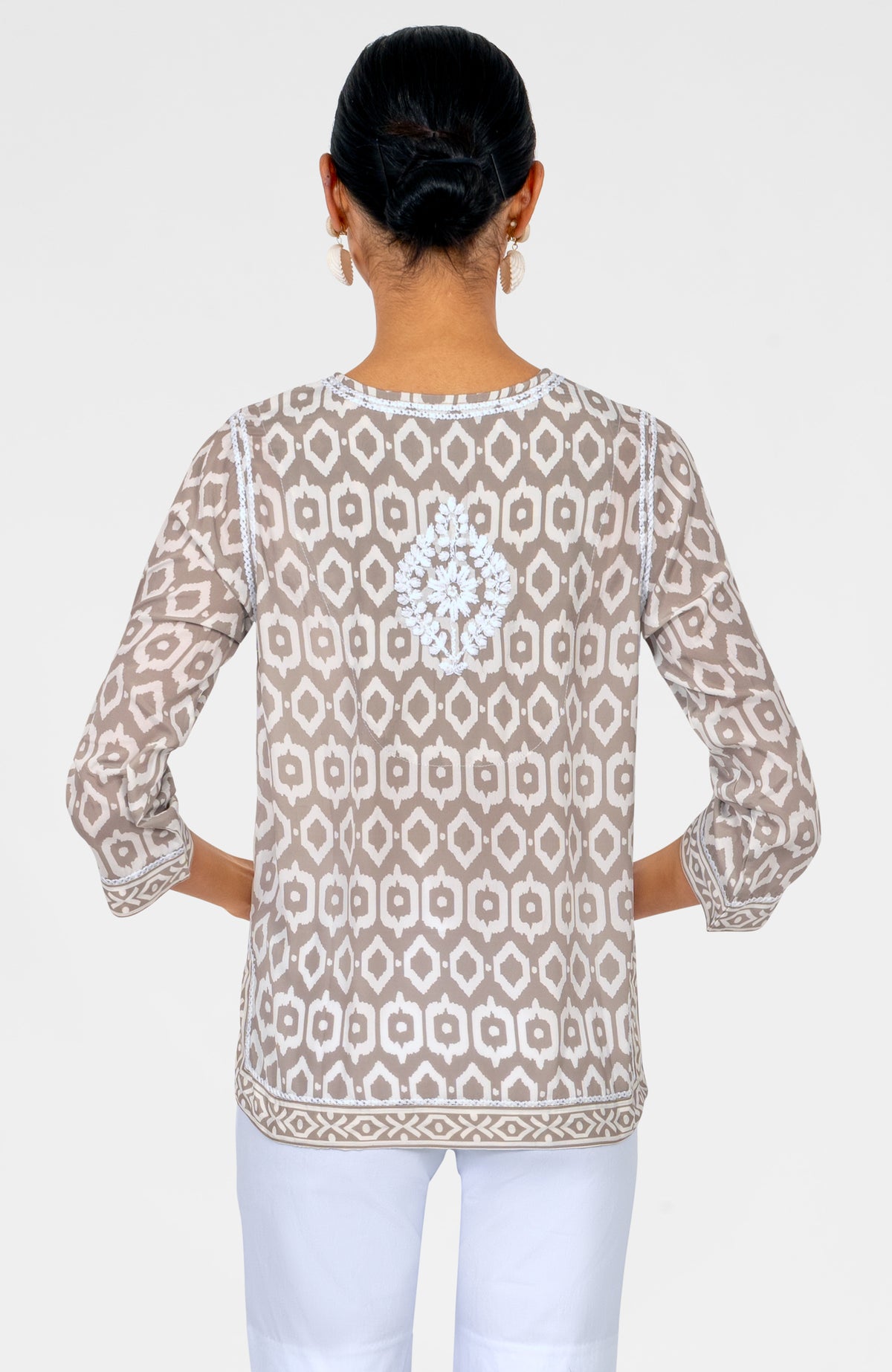 Geo Embroidered Silky Tunic Khaki