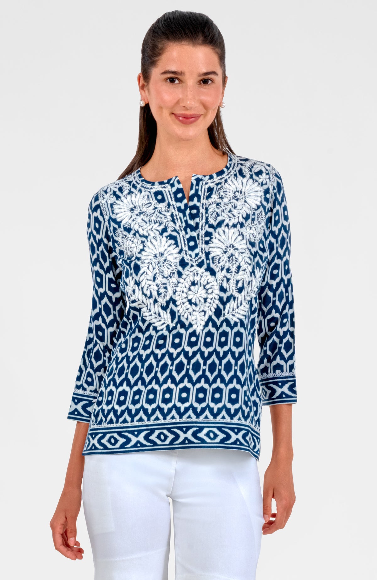 Geo Embroidered Silky Tunic Navy
