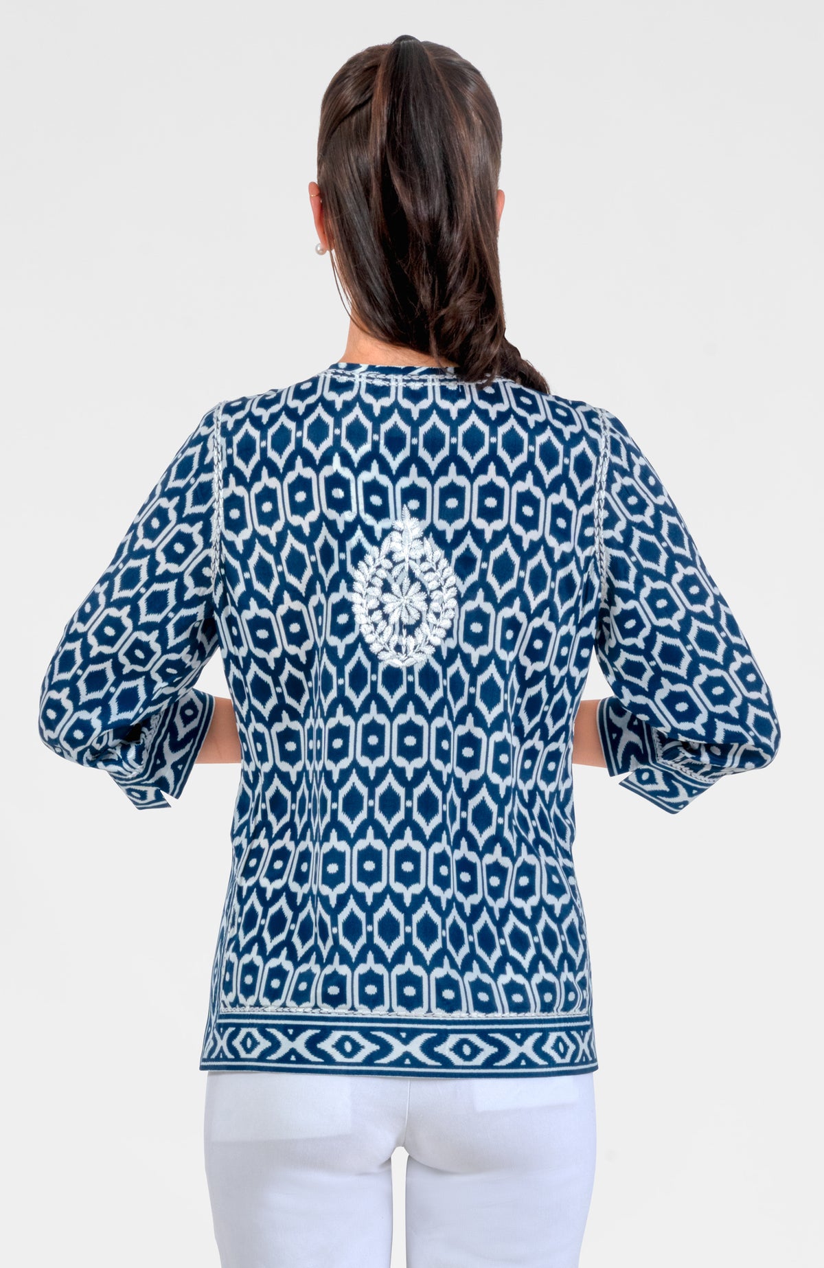 Geo Embroidered Silky Tunic Navy