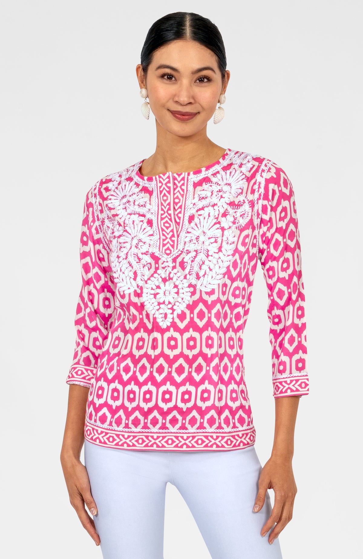 Geo Embroidered Silky Tunic Pink