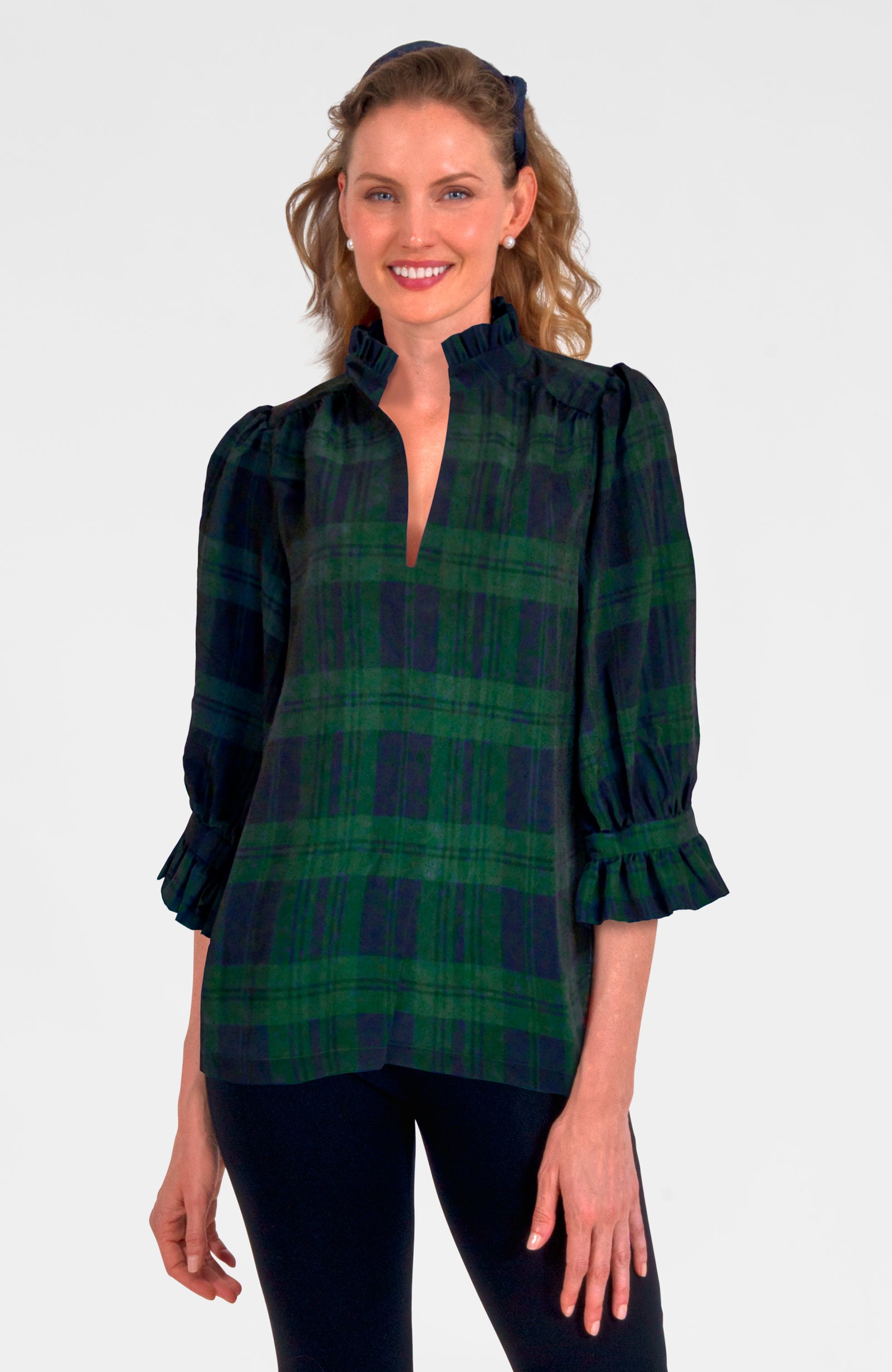 Ruffleneck Tunic - Blackwatch Plaid Navy Green