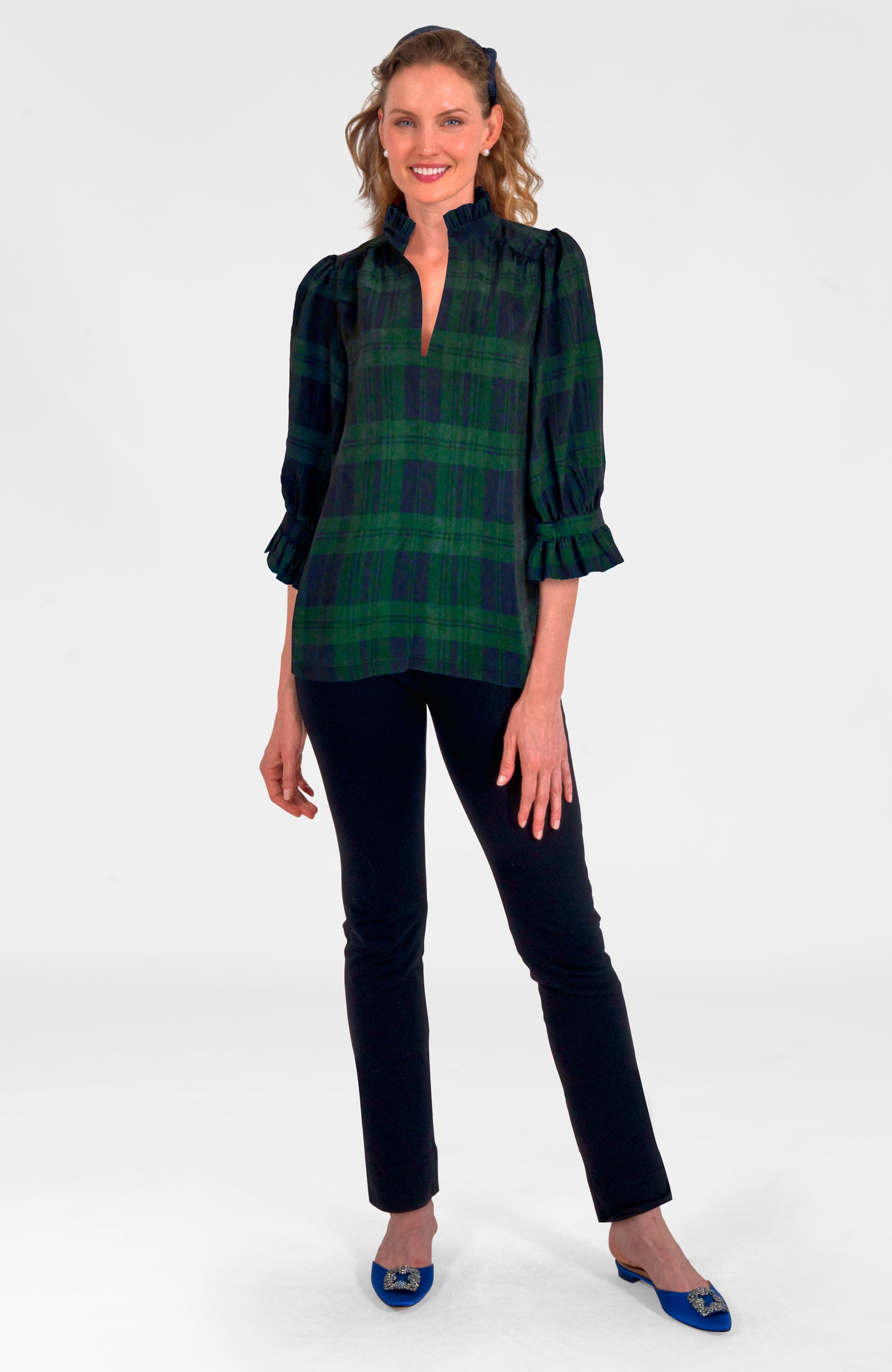 Ruffleneck Tunic - Blackwatch Plaid Navy Green