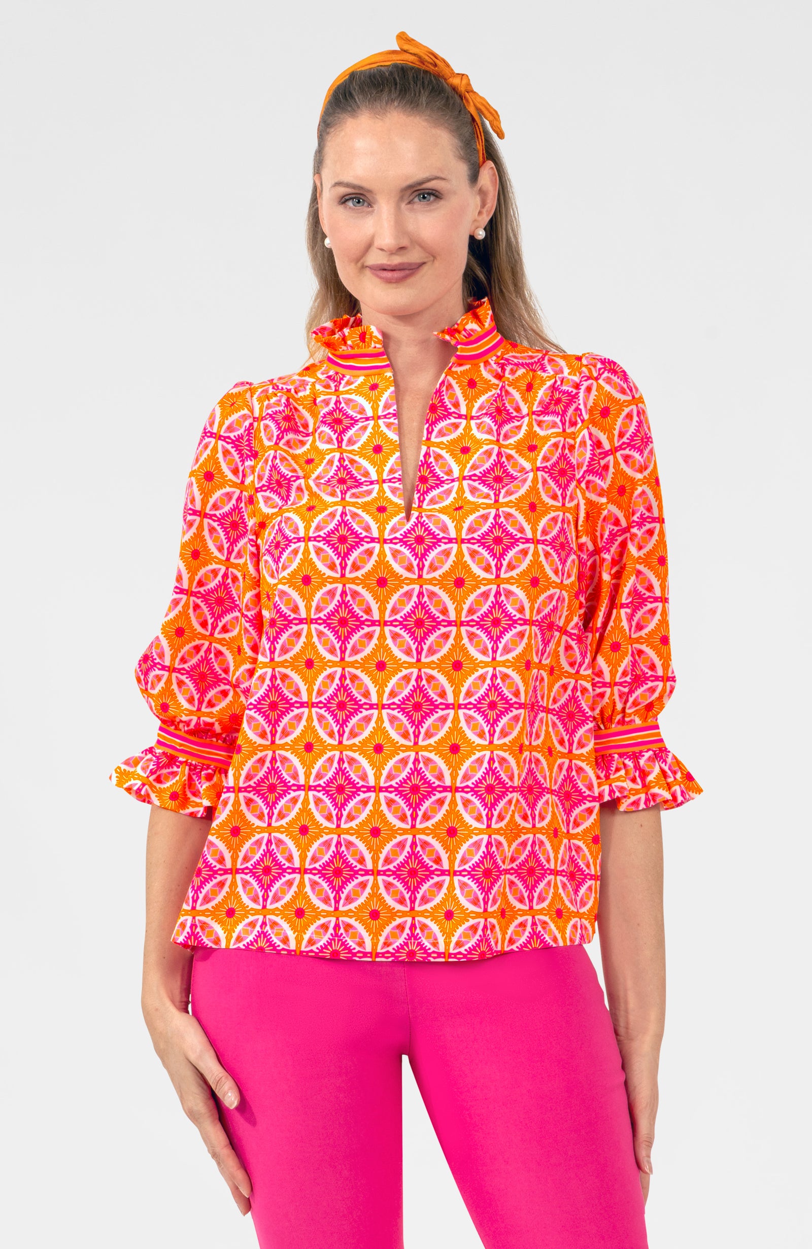Ruffleneck Tunic - Smell The Roses Orange Pink