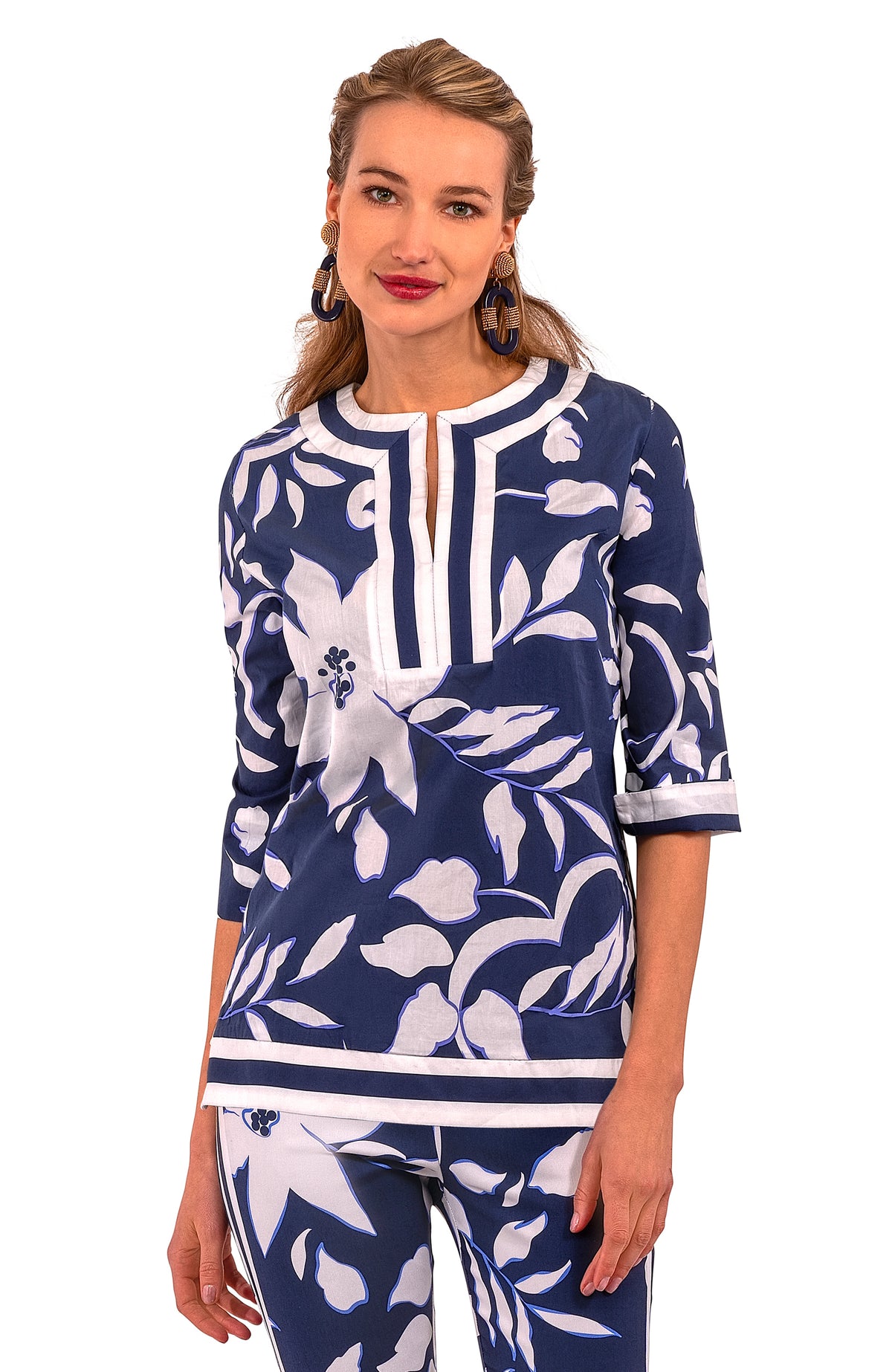 Cotton Split Neck Tunic - Full Bloom Navy