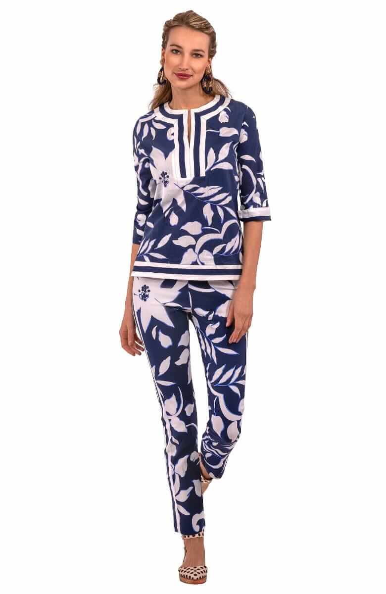 Cotton Split Neck Tunic - Full Bloom Navy