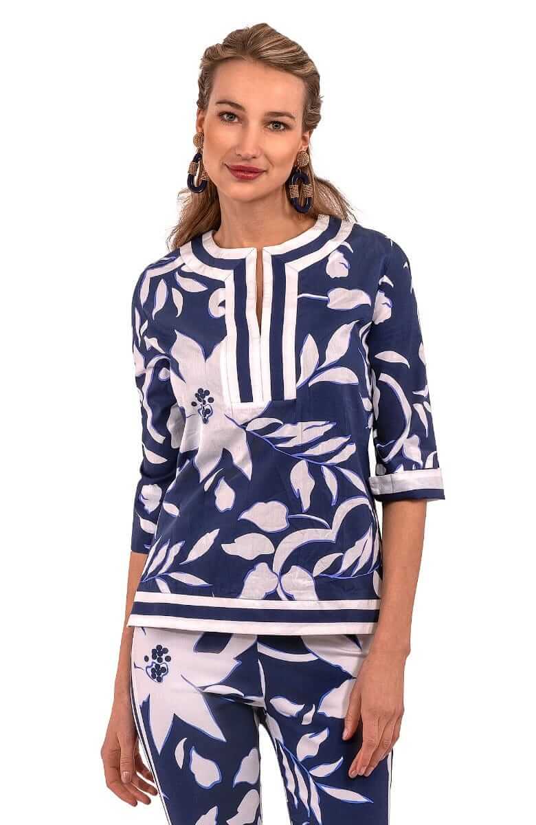 Cotton Split Neck Tunic - Full Bloom Navy