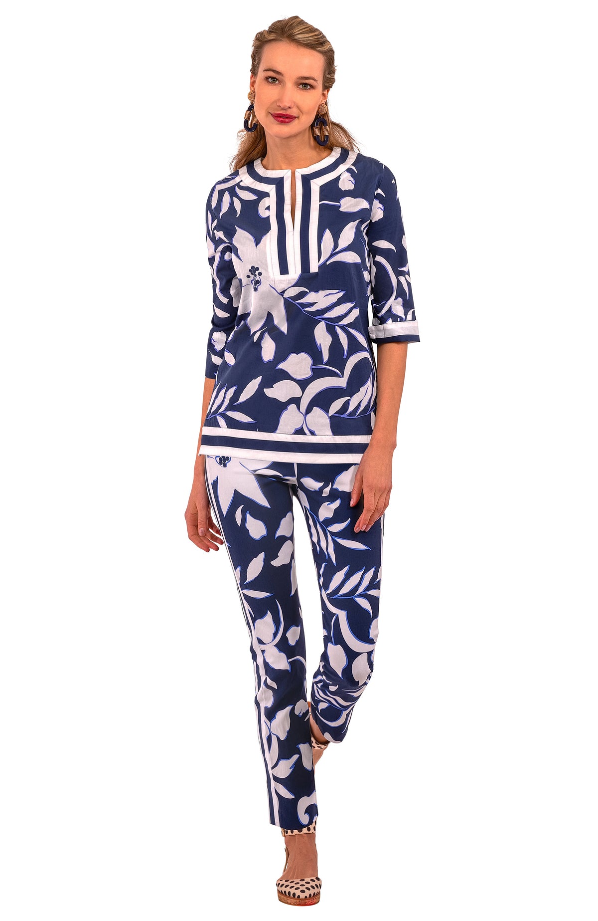 Cotton Split Neck Tunic - Full Bloom Navy
