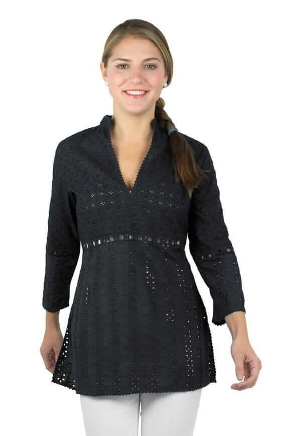 Cotton Eyelet Tunic - Mixed Media Tunic Black