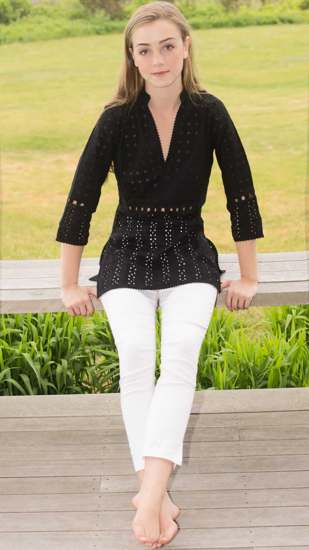 Cotton Eyelet Tunic - Mixed Media Tunic Black