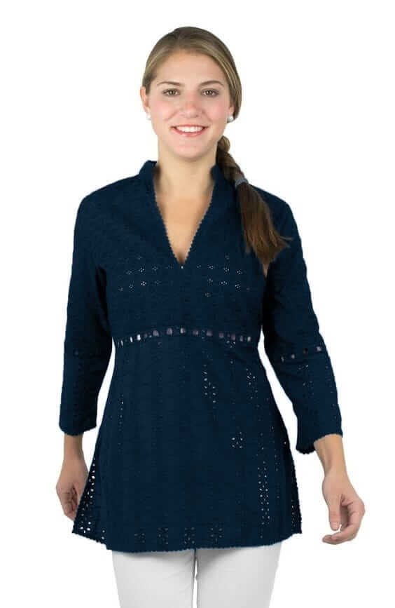 Cotton Eyelet Tunic - Mixed Media Tunic - Final Sale Navy