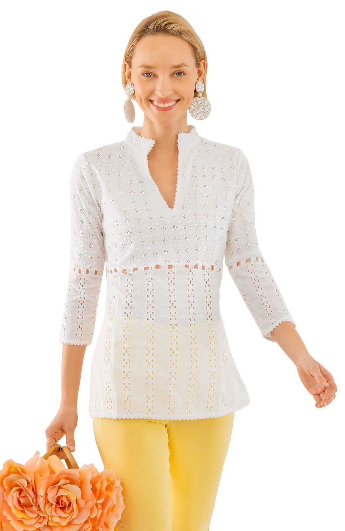 Cotton Eyelet Tunic - Mixed Media Tunic - Final Sale White