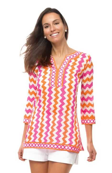 Split Neck Tunic - Zig Zag - Final Sale Orange Pink