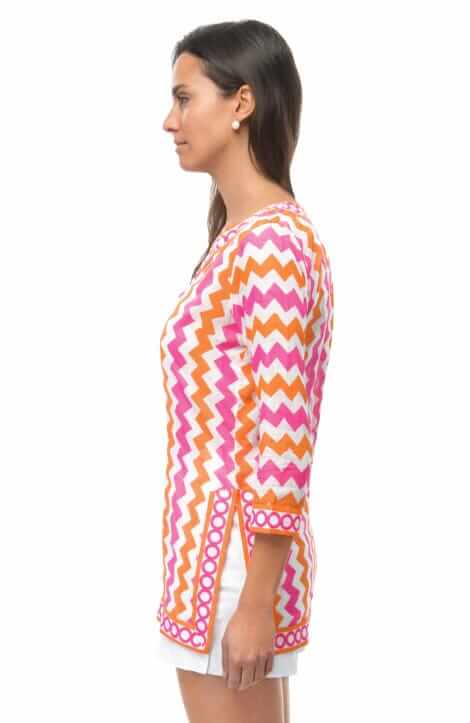 Split Neck Tunic - Zig Zag - Final Sale Orange Pink