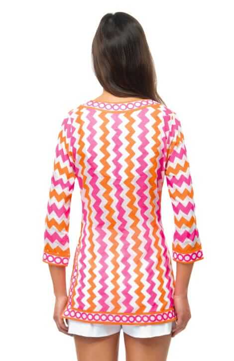 Split Neck Tunic - Zig Zag - Final Sale Orange Pink