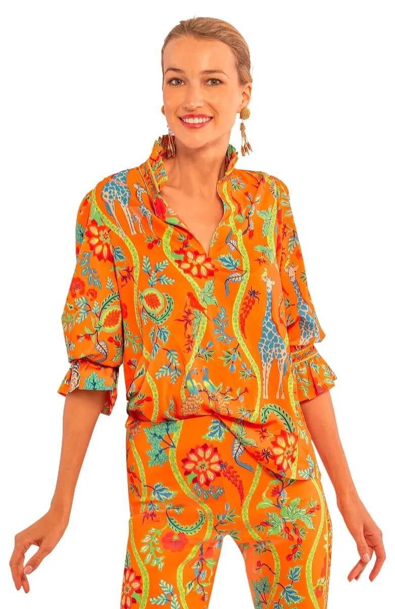 Ruffleneck Tunic - Jungle Symphony Orange