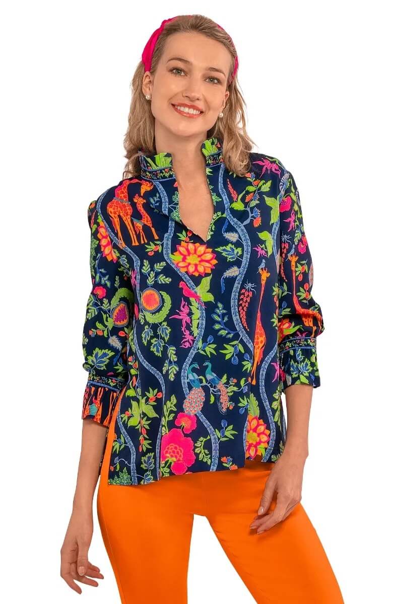 Ruffleneck Tunic - Jungle Symphony Navy