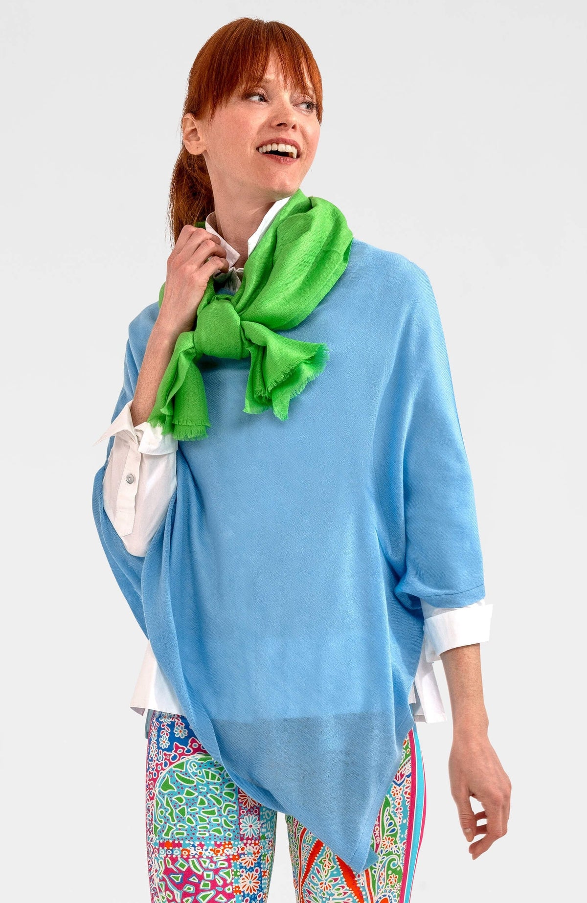 Cashmere-Like Poncho Light Blue One Size