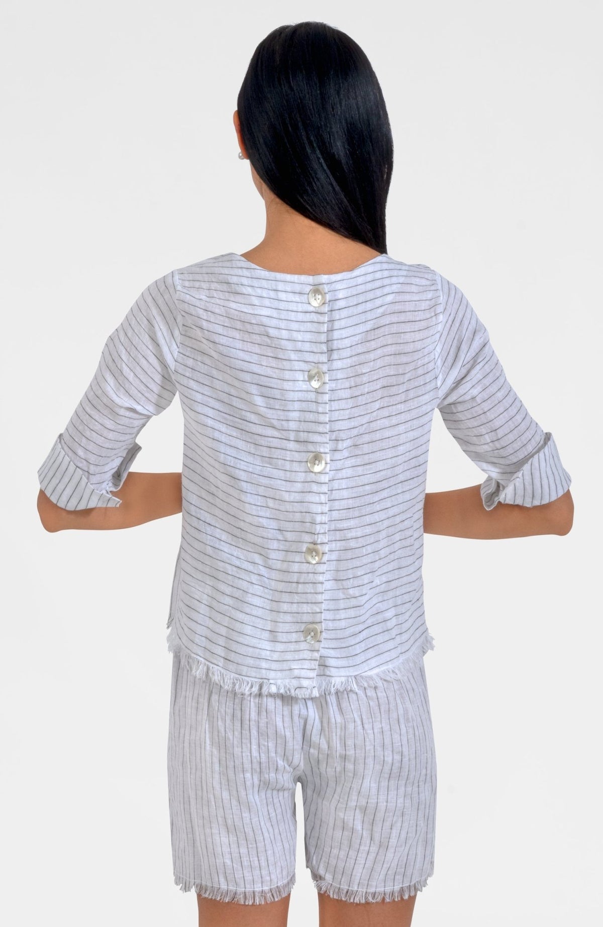 Back Button Linen Top - Stripe It White