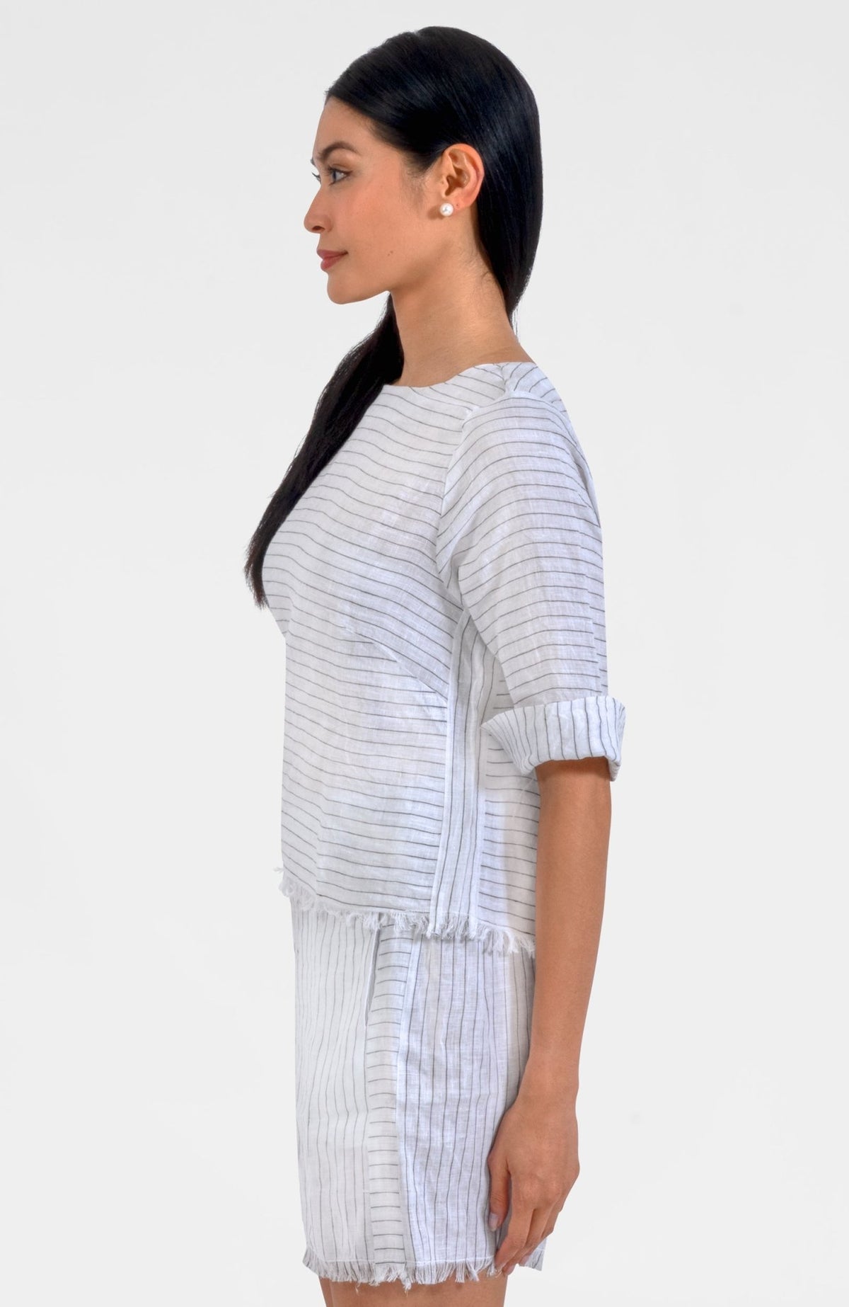 Back Button Linen Top - Stripe It White