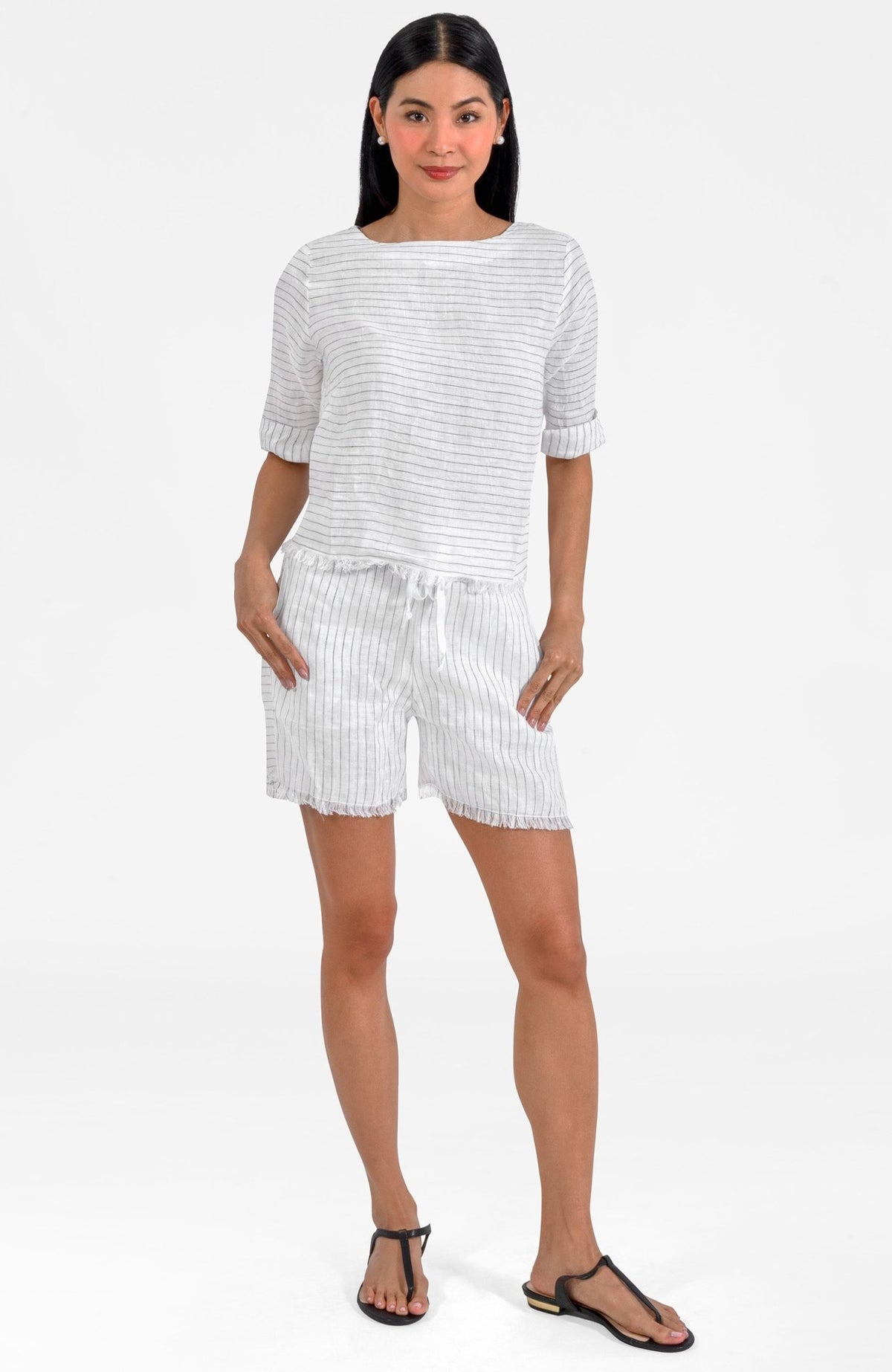 Back Button Linen Top - Stripe It White