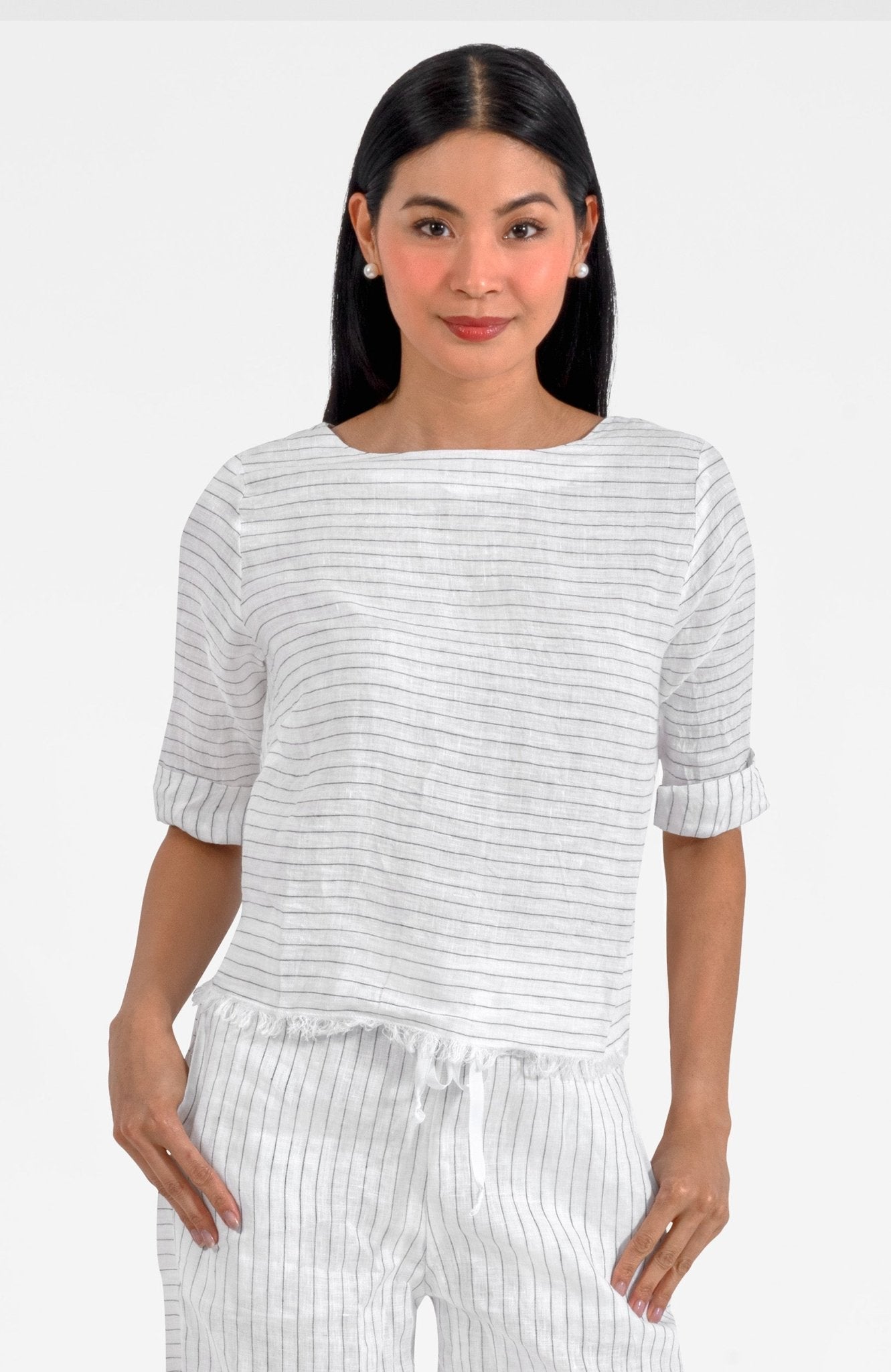 Back Button Linen Top - Stripe It White