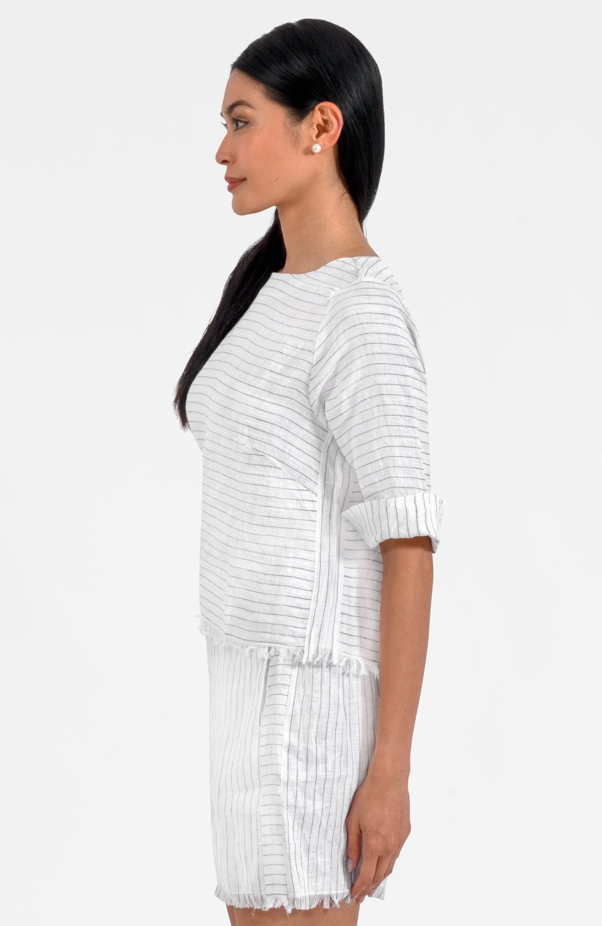 Back Button Linen Top - Stripe It White