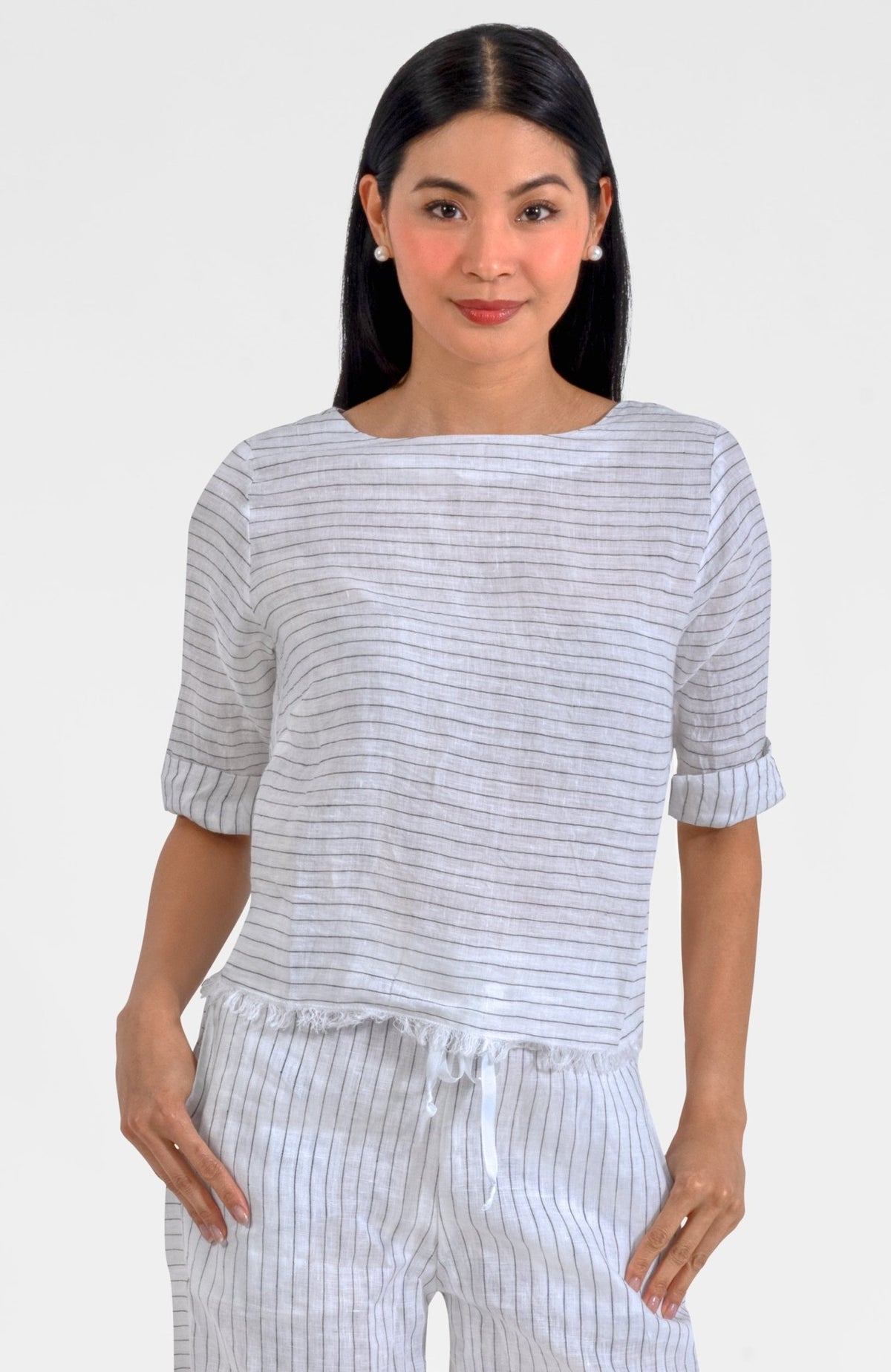 Back Button Linen Top - Stripe It White