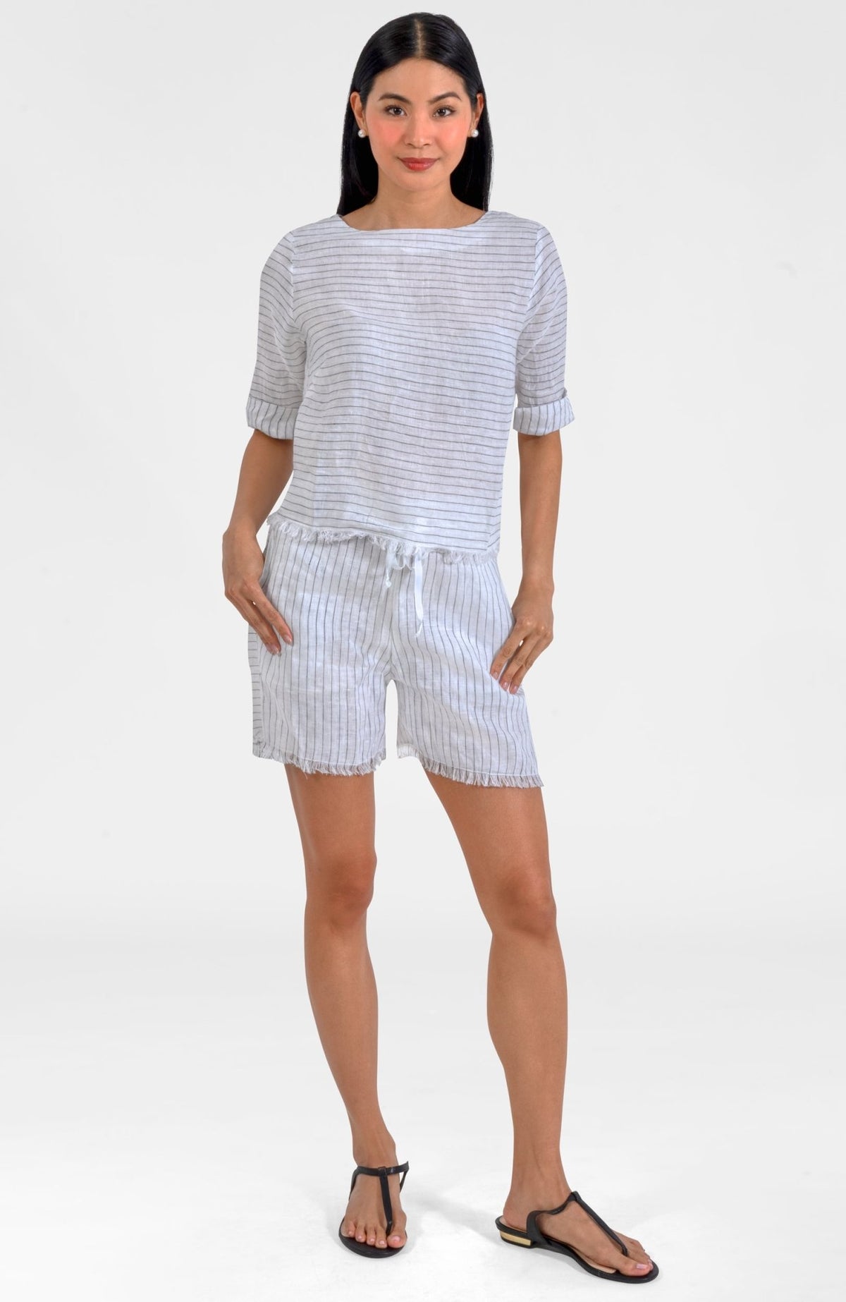 Back Button Linen Top - Stripe It White