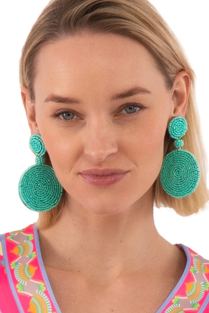 Beaded Circle Clip Earrings - Capetown Aqua