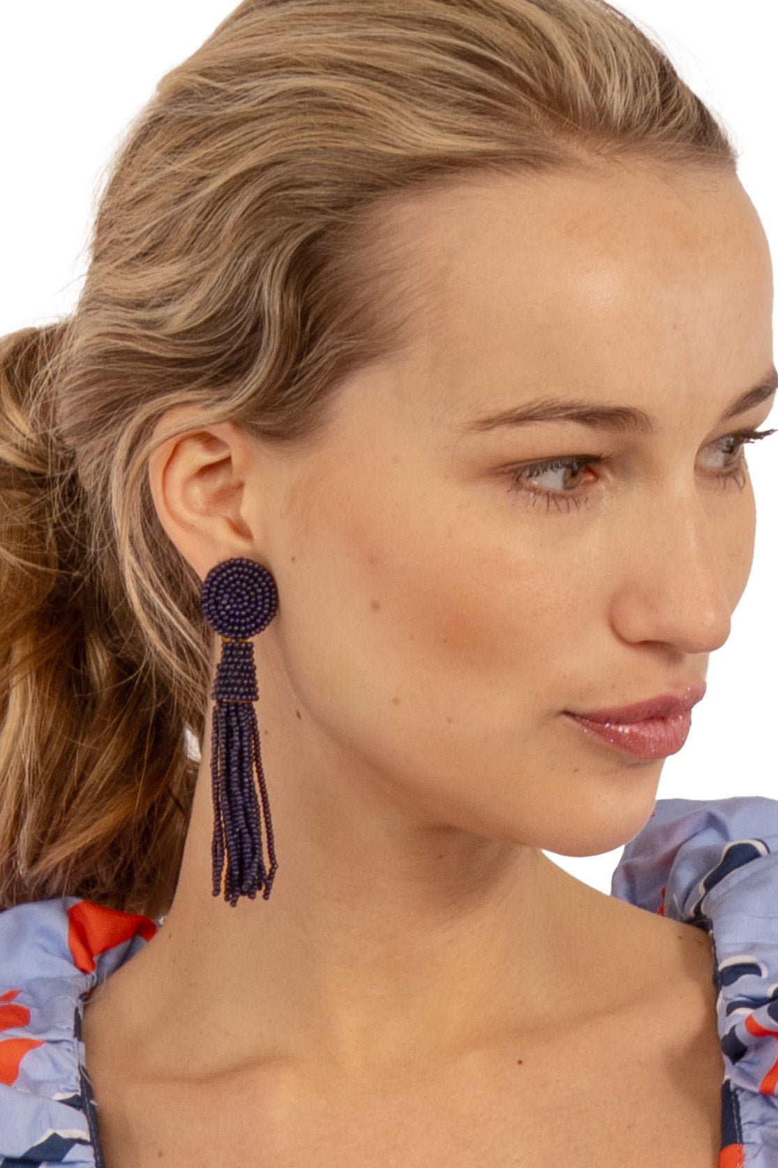 Beaded Glass Clip Tassel Earrings - Johannesburg Navy One Size