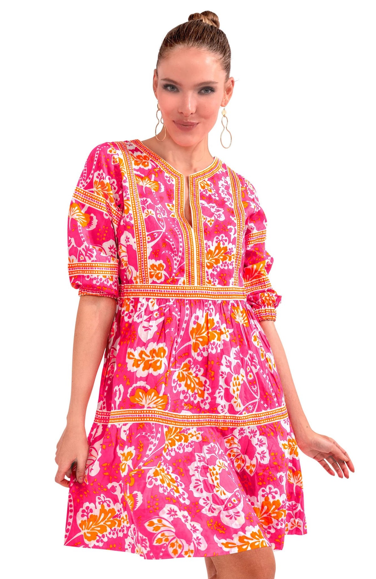 Border Dress - Flora - Final Sale Pink Orange