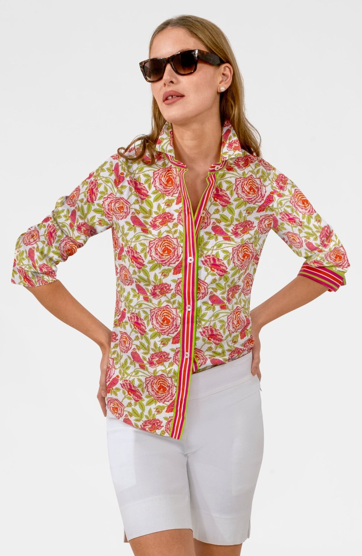 Boyfriend Shirt - Smell The Roses Pink Lime