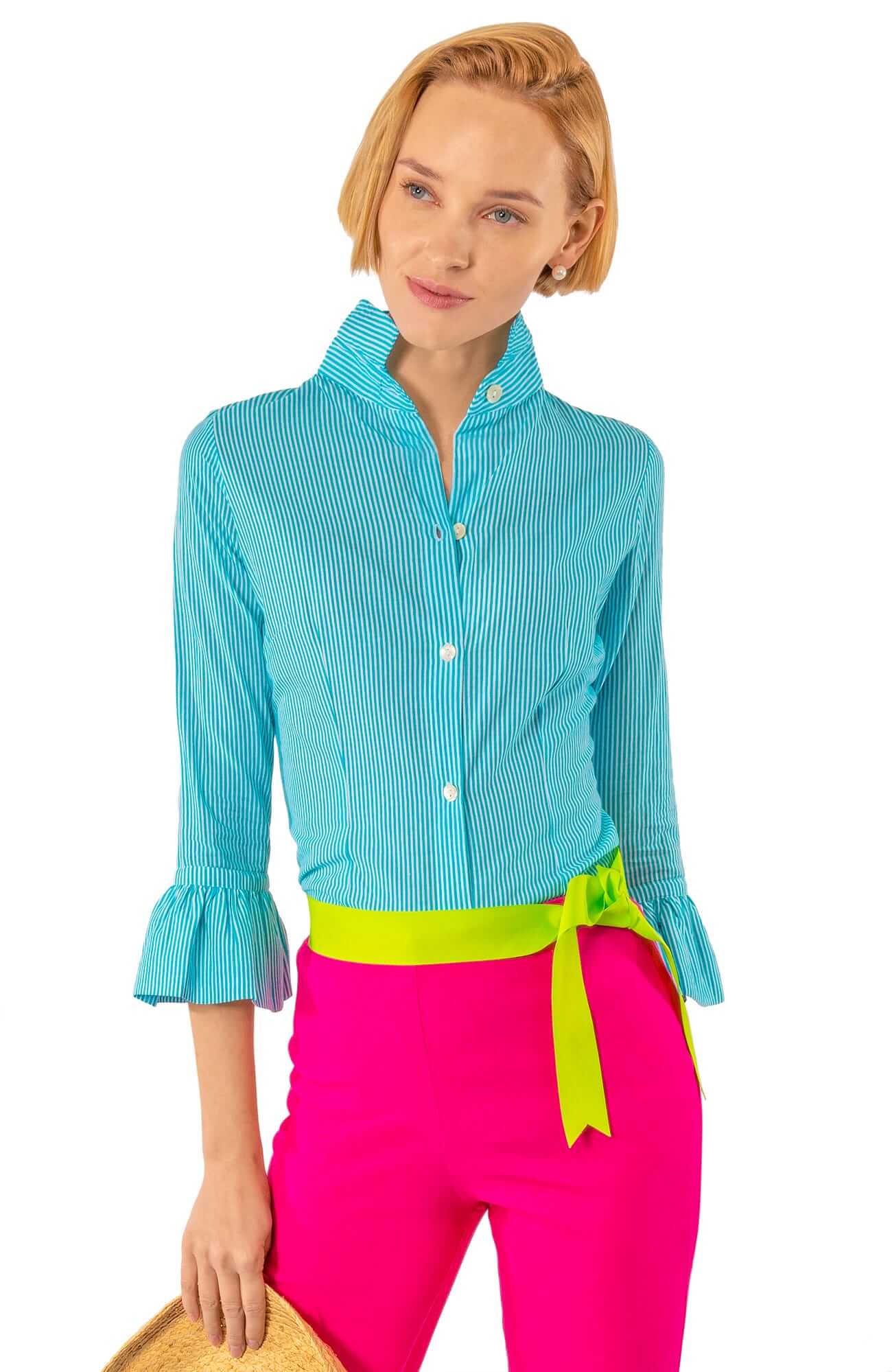 Cotton Priss Blouse - Stripe - Final Sale Turq Lime