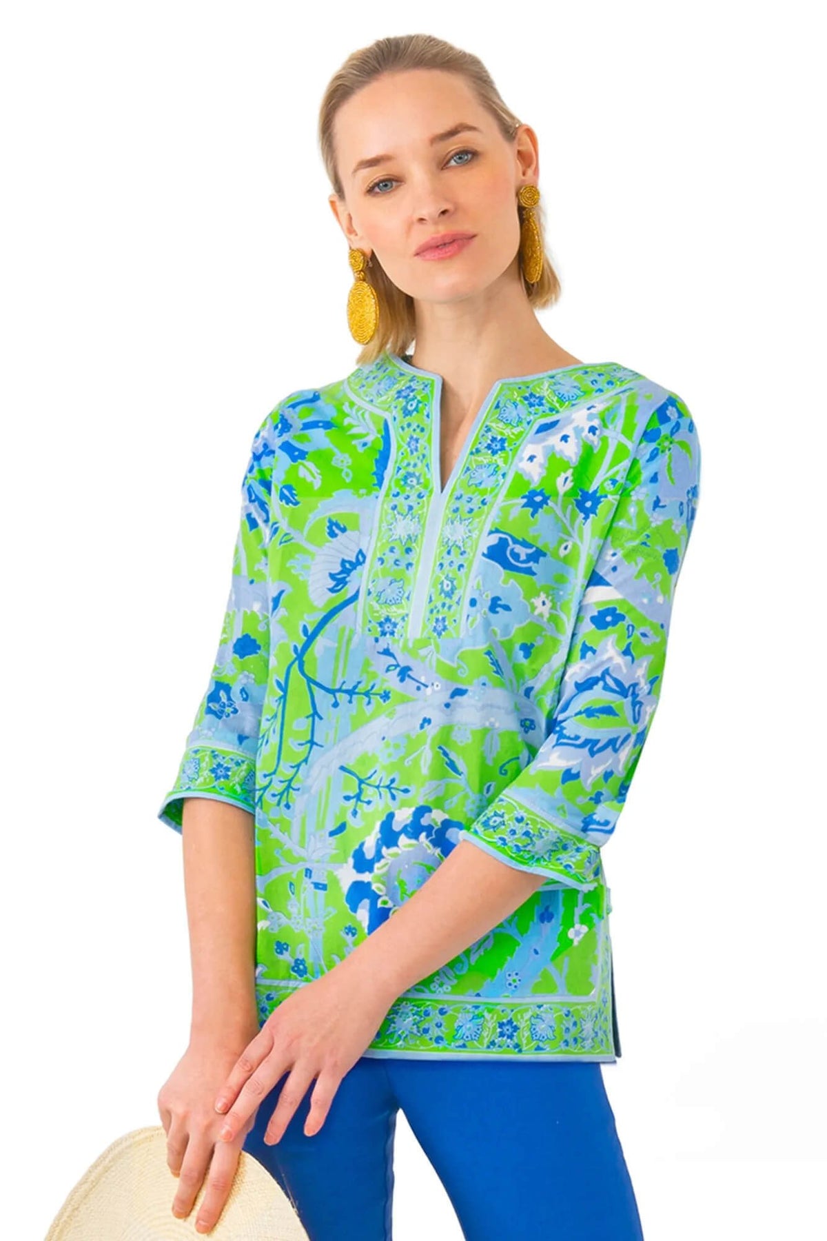 Cotton Split Neck Tunic - Magic Carpet - Final Sale Green Blue