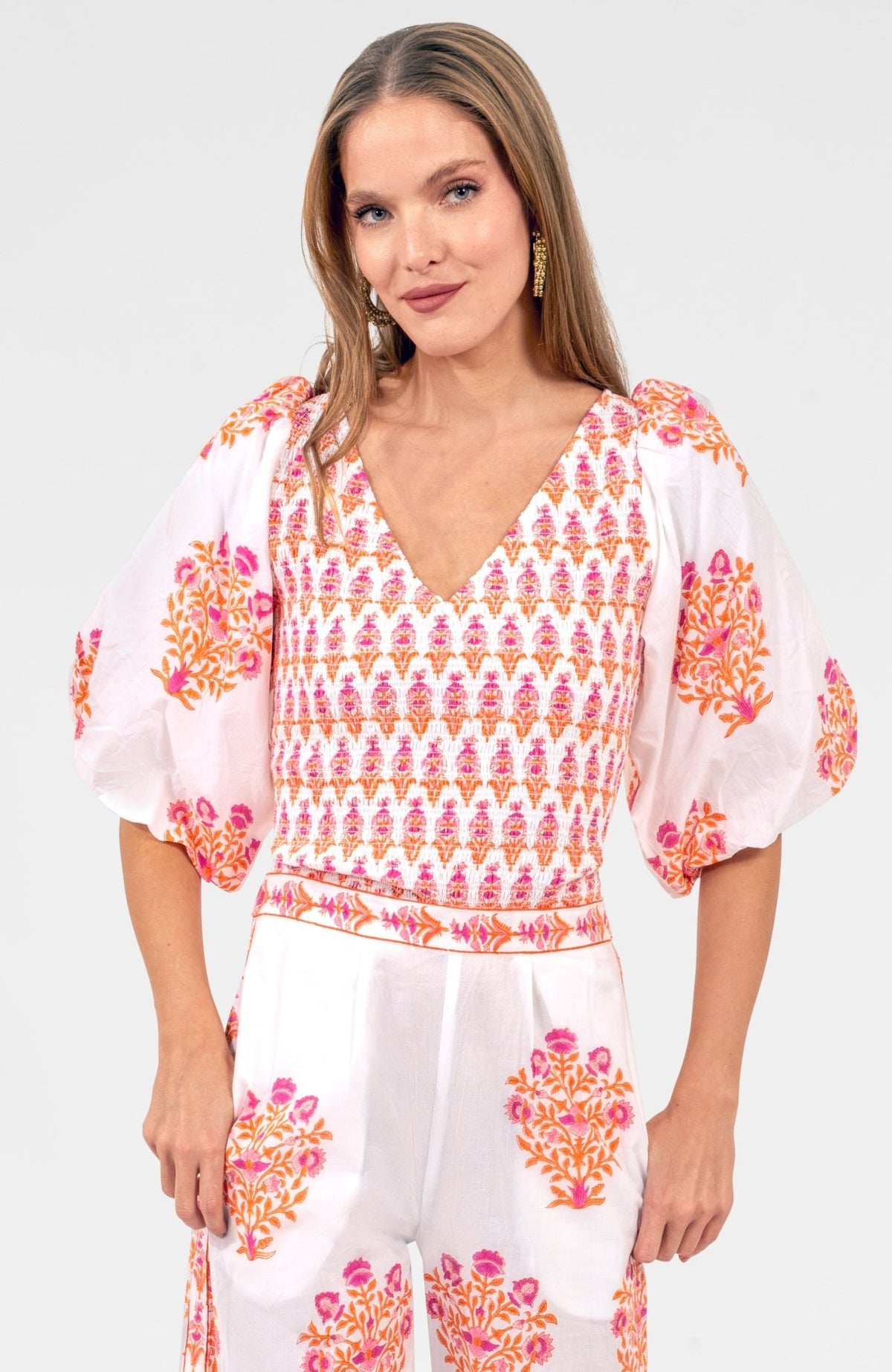 Crinkle Dimple Floral Top Orange